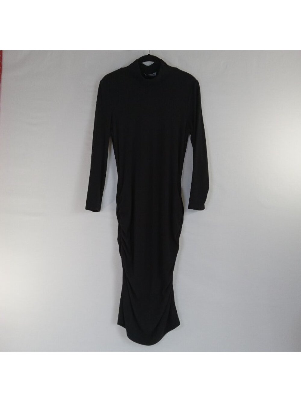 Sanctuary Women's Black Ribbed Knit Mock Neck Ruched Midi Dress Size L Bodycon